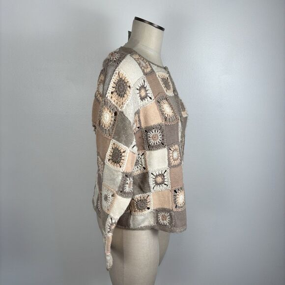 VTG Talbots Womens L Granny Square Cardigan Sweater Hand Knit Boho Hippie Retro - Picture 4 of 7